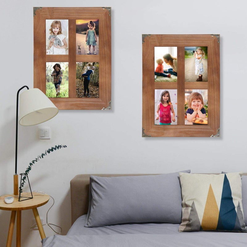 LOSOUR 4x6 picture frames collage, Window Pane 4 Opening 4x6 picture frame with Decorative Metal Corners for Table Top Display and Wall mounting Photo Frame (Brown, 16.2x12.2 inch) - Image 2